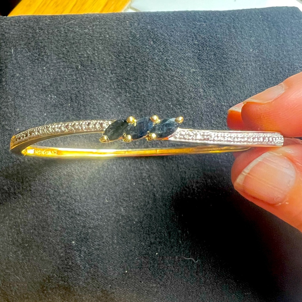 Sapphire, sterling, silver, gold plated, beautiful bangle bracelet